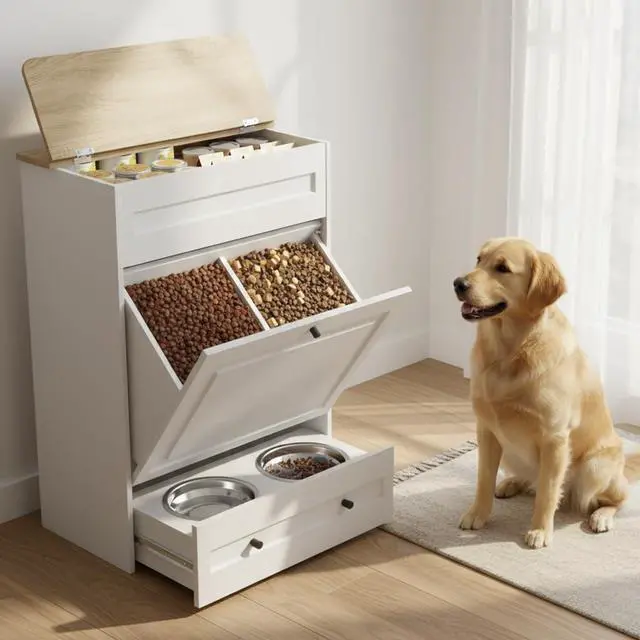 Main image of Elevated Dog Feeding Station with Storage, Pull-Out Slow Feeder Bowls | 5.3" Raised Tray, Stainless Steel Bowls, Silicone Slow Feeder Insert, Food Drawer Divider, Side Hooks, Easy Cleanup