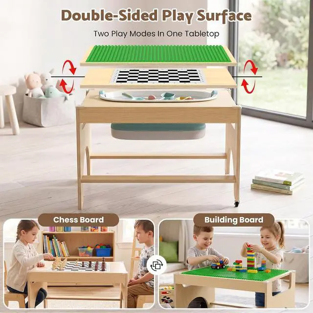 Alt view image 4 of 7 - 5 in 1 Kids Wooden Activity Table, Building & Activity Sensory Table | Checkerboard Panel, Building Block Board, Sand & Water Tub, Wooden Drawing & Study Top, Double-Layer Storage, Rolling Casters