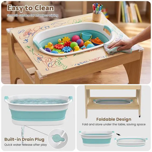 Alt view image 6 of 7 - 5 in 1 Kids Wooden Activity Table, Building & Activity Sensory Table | Checkerboard Panel, Building Block Board, Sand & Water Tub, Wooden Drawing & Study Top, Double-Layer Storage, Rolling Casters