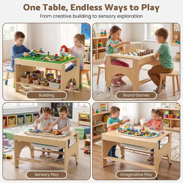 Alt view image 5 of 7 - 5 in 1 Kids Wooden Activity Table, Building & Activity Sensory Table | Checkerboard Panel, Building Block Board, Sand & Water Tub, Wooden Drawing & Study Top, Double-Layer Storage, Rolling Casters