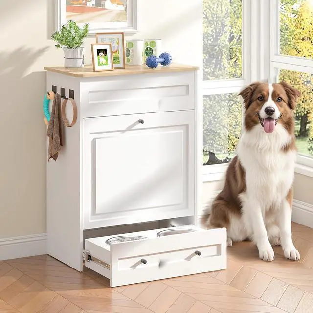 Alt view image 2 of 7 - Elevated Dog Feeding Station with Storage, Pull-Out Slow Feeder Bowls | 5.3" Raised Tray, Stainless Steel Bowls, Silicone Slow Feeder Insert, Food Drawer Divider, Side Hooks, Easy Cleanup