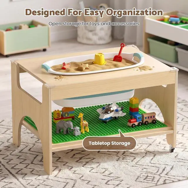 Alt view image 7 of 7 - 5 in 1 Kids Wooden Activity Table, Building & Activity Sensory Table | Checkerboard Panel, Building Block Board, Sand & Water Tub, Wooden Drawing & Study Top, Double-Layer Storage, Rolling Casters