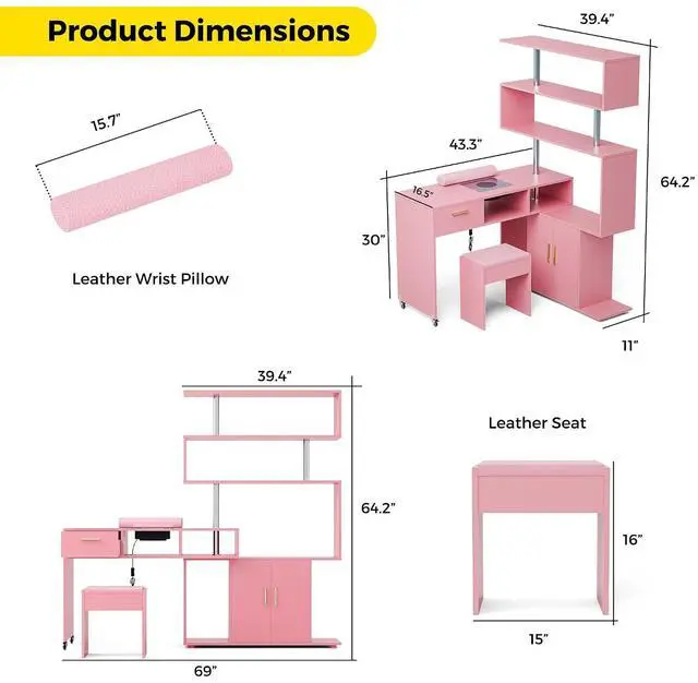 Alt view image 2 of 7 - Manicure Table Nail Desk with Stool, L-Shaped Nail Tech Desk with Dust Collector, Two-Way Drawer, Cabinet & Storage Shelves, Rotating Reversible Manicure Workstation on Wheels (Pink)