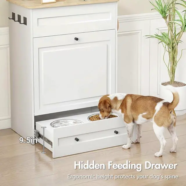 Alt view image 4 of 7 - Elevated Dog Feeding Station with Storage, Pull-Out Slow Feeder Bowls | 5.3" Raised Tray, Stainless Steel Bowls, Silicone Slow Feeder Insert, Food Drawer Divider, Side Hooks, Easy Cleanup