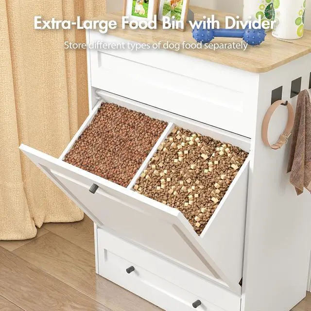 Alt view image 7 of 7 - Elevated Dog Feeding Station with Storage, Pull-Out Slow Feeder Bowls | 5.3" Raised Tray, Stainless Steel Bowls, Silicone Slow Feeder Insert, Food Drawer Divider, Side Hooks, Easy Cleanup