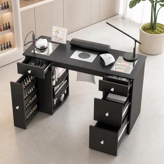 Main image of Manicure Table for Nail Tech with Glass Top, Visible Drawers & Trash Bag Holder, Acetone-Resistant Manicure Nail Desk, Beauty Salon Workstation with Wrist Rest & Electric Dust Collector (Black)
