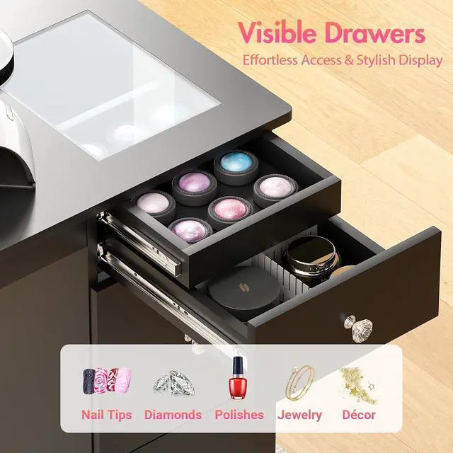 Alt view image 3 of 7 - Manicure Table for Nail Tech with Glass Top, Visible Drawers & Trash Bag Holder, Acetone-Resistant Manicure Nail Desk, Beauty Salon Workstation with Wrist Rest & Electric Dust Collector (Black)