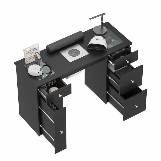 Alt view image 5 of 7 - Manicure Table for Nail Tech with Glass Top, Visible Drawers & Trash Bag Holder, Acetone-Resistant Manicure Nail Desk, Beauty Salon Workstation with Wrist Rest & Electric Dust Collector (Black)