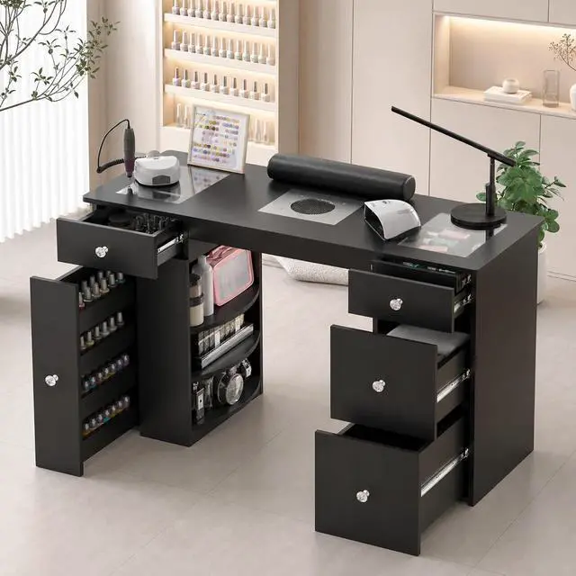 Alt view image 4 of 7 - Manicure Table for Nail Tech with Glass Top, Visible Drawers & Trash Bag Holder, Acetone-Resistant Manicure Nail Desk, Beauty Salon Workstation with Wrist Rest & Electric Dust Collector (Black)