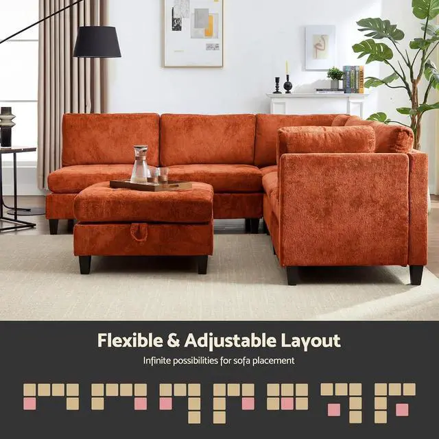 Alt view image 4 of 7 - Modular Sectional Sofa, Chenille Cloud Couch with Storage Ottoman | Sturdy Wood Frame, Reinforced Coil Springs, Deep Seat, Thick Cushions, Flexible Configurations, Removable Washable Covers