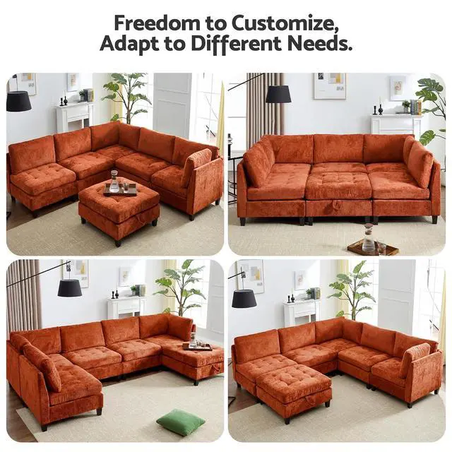 Alt view image 5 of 7 - Modular Sectional Sofa, Chenille Cloud Couch with Storage Ottoman | Sturdy Wood Frame, Reinforced Coil Springs, Deep Seat, Thick Cushions, Flexible Configurations, Removable Washable Covers
