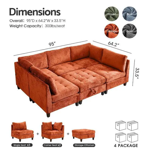 Alt view image 2 of 7 - Modular Sectional Sofa, Chenille Cloud Couch with Storage Ottoman | Sturdy Wood Frame, Reinforced Coil Springs, Deep Seat, Thick Cushions, Flexible Configurations, Removable Washable Covers