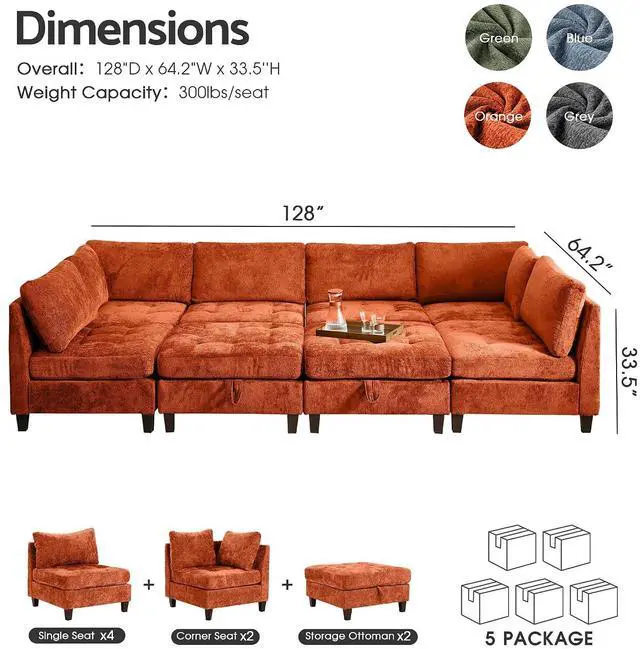 Alt view image 6 of 7 - Modular Sectional Sofa, Chenille Cloud Couch with Storage Ottoman | Sturdy Wood Frame, Reinforced Coil Springs, Deep Seat, Thick Cushions, Flexible Configurations, Removable Washable Covers