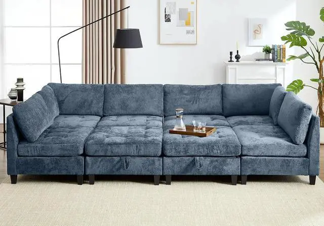 Alt view image 3 of 7 - Modular Sectional Sofa, Chenille Cloud Couch with Storage Ottoman | Sturdy Wood Frame, Reinforced Coil Springs, Deep Seat, Thick Cushions, Flexible Configurations, Removable Washable Covers