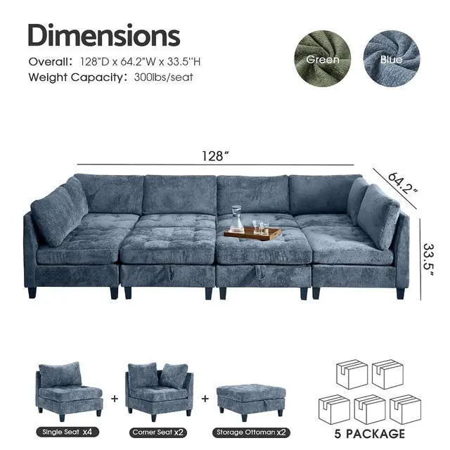 Alt view image 2 of 7 - Modular Sectional Sofa, Chenille Cloud Couch with Storage Ottoman | Sturdy Wood Frame, Reinforced Coil Springs, Deep Seat, Thick Cushions, Flexible Configurations, Removable Washable Covers