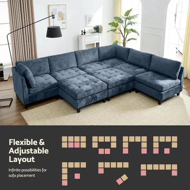 Alt view image 4 of 7 - Modular Sectional Sofa, Chenille Cloud Couch with Storage Ottoman | Sturdy Wood Frame, Reinforced Coil Springs, Deep Seat, Thick Cushions, Flexible Configurations, Removable Washable Covers