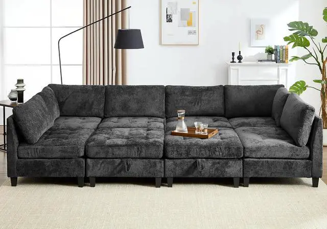 Alt view image 3 of 7 - Modular Sectional Sofa, Chenille Cloud Couch with Storage Ottoman | Sturdy Wood Frame, Reinforced Coil Springs, Deep Seat, Thick Cushions, Flexible Configurations, Removable Washable Covers