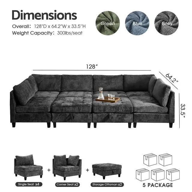 Alt view image 2 of 7 - Modular Sectional Sofa, Chenille Cloud Couch with Storage Ottoman | Sturdy Wood Frame, Reinforced Coil Springs, Deep Seat, Thick Cushions, Flexible Configurations, Removable Washable Covers