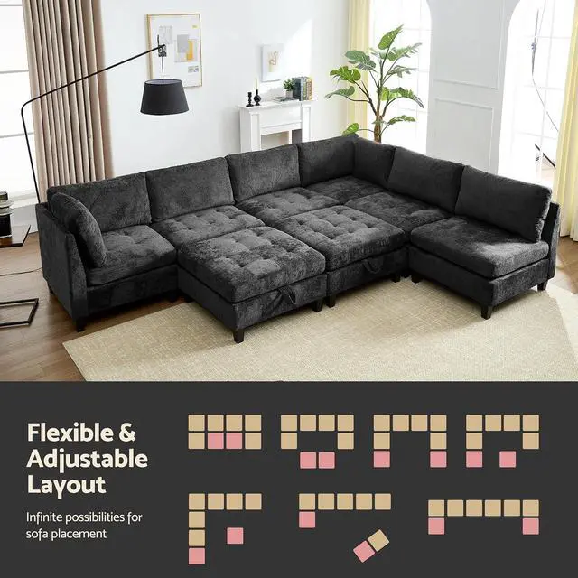Alt view image 4 of 7 - Modular Sectional Sofa, Chenille Cloud Couch with Storage Ottoman | Sturdy Wood Frame, Reinforced Coil Springs, Deep Seat, Thick Cushions, Flexible Configurations, Removable Washable Covers
