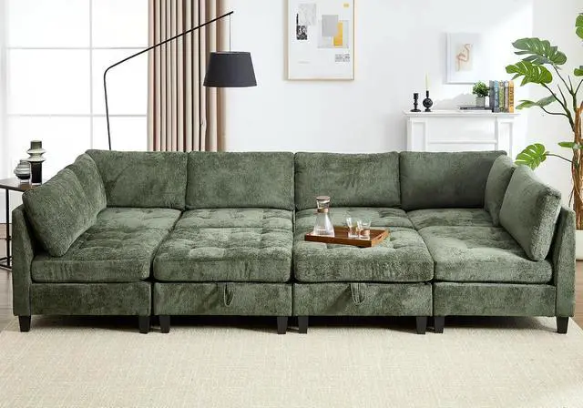 Alt view image 3 of 7 - Modular Sectional Sofa, Chenille Cloud Couch with Storage Ottoman | Sturdy Wood Frame, Reinforced Coil Springs, Deep Seat, Thick Cushions, Flexible Configurations, Removable Washable Covers