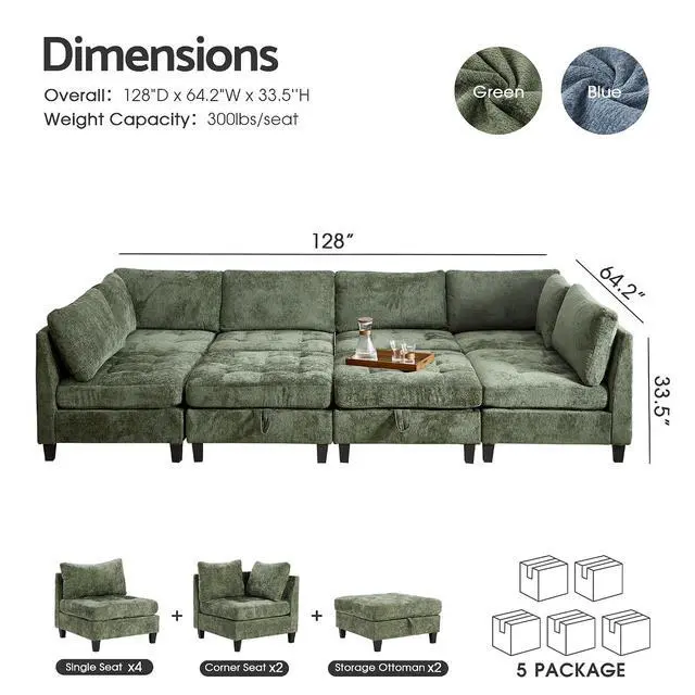 Alt view image 2 of 7 - Modular Sectional Sofa, Chenille Cloud Couch with Storage Ottoman | Sturdy Wood Frame, Reinforced Coil Springs, Deep Seat, Thick Cushions, Flexible Configurations, Removable Washable Covers