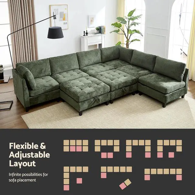 Alt view image 4 of 7 - Modular Sectional Sofa, Chenille Cloud Couch with Storage Ottoman | Sturdy Wood Frame, Reinforced Coil Springs, Deep Seat, Thick Cushions, Flexible Configurations, Removable Washable Covers