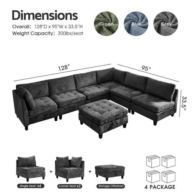 Alt view image 2 of 7 - Modular Sectional Sofa, Chenille Cloud Couch with Storage Ottoman | Sturdy Wood Frame, Reinforced Coil Springs, Deep Seat, Thick Cushions, Flexible Configurations, Removable Washable Covers