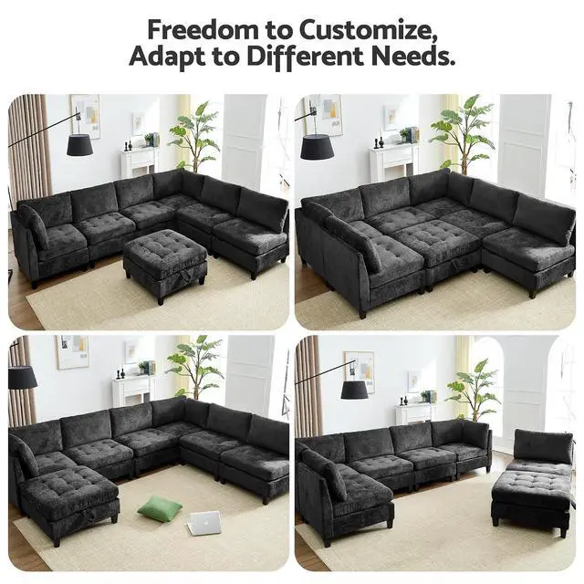 Alt view image 5 of 7 - Modular Sectional Sofa, Chenille Cloud Couch with Storage Ottoman | Sturdy Wood Frame, Reinforced Coil Springs, Deep Seat, Thick Cushions, Flexible Configurations, Removable Washable Covers
