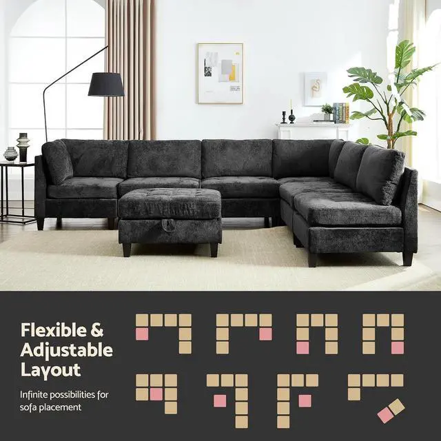 Alt view image 7 of 7 - Modular Sectional Sofa, Chenille Cloud Couch with Storage Ottoman | Sturdy Wood Frame, Reinforced Coil Springs, Deep Seat, Thick Cushions, Flexible Configurations, Removable Washable Covers