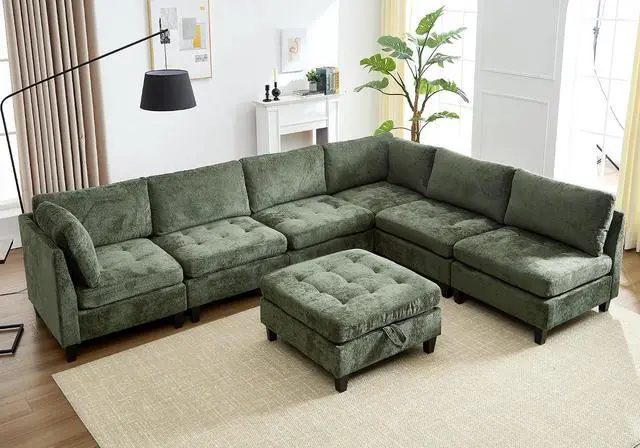 Main image of Modular Sectional Sofa, Chenille Cloud Couch with Storage Ottoman | Sturdy Wood Frame, Reinforced Coil Springs, Deep Seat, Thick Cushions, Flexible Configurations, Removable Washable Covers