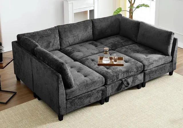 Main image of Modular Sectional Sofa, Chenille Cloud Couch with Storage Ottoman | Sturdy Wood Frame, Reinforced Coil Springs, Deep Seat, Thick Cushions, Flexible Configurations, Removable Washable Covers
