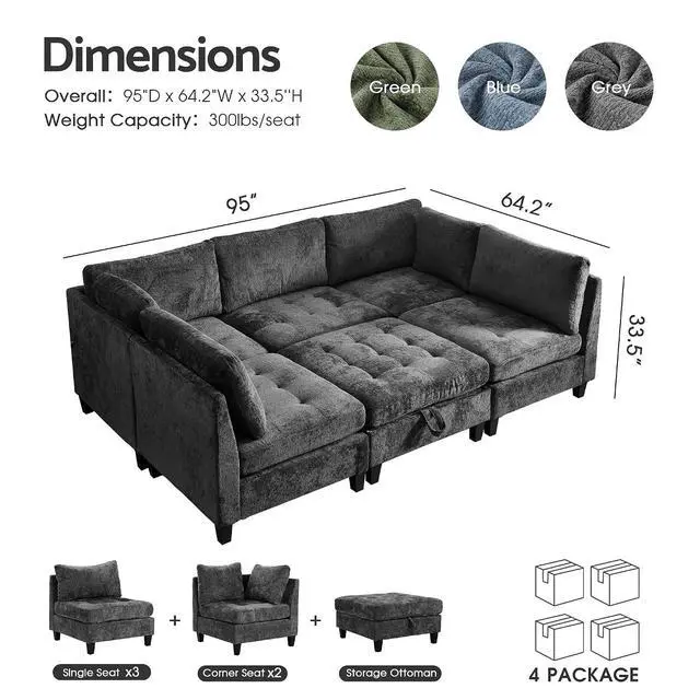 Alt view image 2 of 7 - Modular Sectional Sofa, Chenille Cloud Couch with Storage Ottoman | Sturdy Wood Frame, Reinforced Coil Springs, Deep Seat, Thick Cushions, Flexible Configurations, Removable Washable Covers