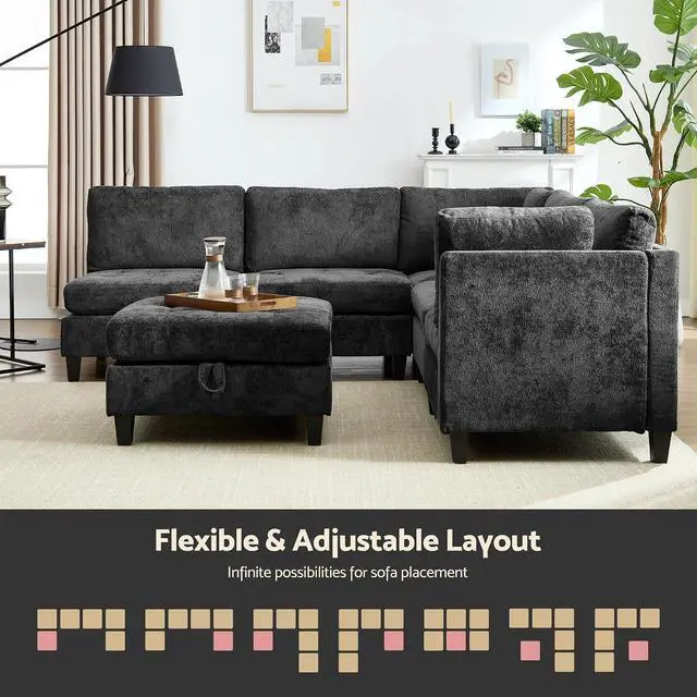 Alt view image 4 of 7 - Modular Sectional Sofa, Chenille Cloud Couch with Storage Ottoman | Sturdy Wood Frame, Reinforced Coil Springs, Deep Seat, Thick Cushions, Flexible Configurations, Removable Washable Covers