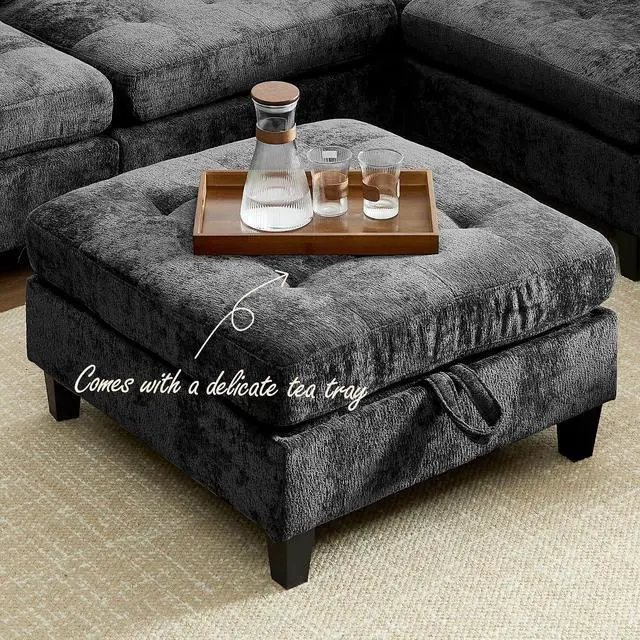 Alt view image 3 of 7 - Modular Sectional Sofa, Chenille Cloud Couch with Storage Ottoman | Sturdy Wood Frame, Reinforced Coil Springs, Deep Seat, Thick Cushions, Flexible Configurations, Removable Washable Covers