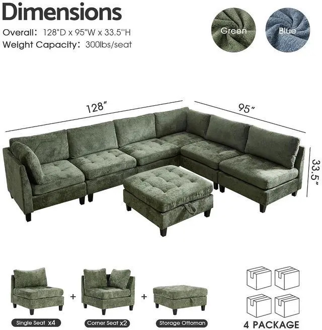 Alt view image 2 of 7 - Modular Sectional Sofa, Chenille Cloud Couch with Storage Ottoman | Sturdy Wood Frame, Reinforced Coil Springs, Deep Seat, Thick Cushions, Flexible Configurations, Removable Washable Covers