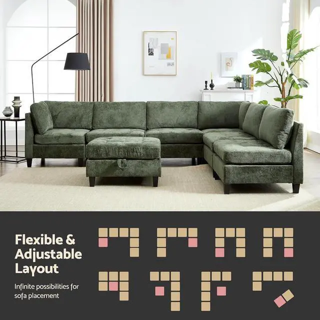 Alt view image 3 of 7 - Modular Sectional Sofa, Chenille Cloud Couch with Storage Ottoman | Sturdy Wood Frame, Reinforced Coil Springs, Deep Seat, Thick Cushions, Flexible Configurations, Removable Washable Covers