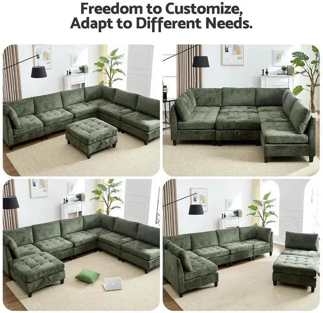 Alt view image 5 of 7 - Modular Sectional Sofa, Chenille Cloud Couch with Storage Ottoman | Sturdy Wood Frame, Reinforced Coil Springs, Deep Seat, Thick Cushions, Flexible Configurations, Removable Washable Covers