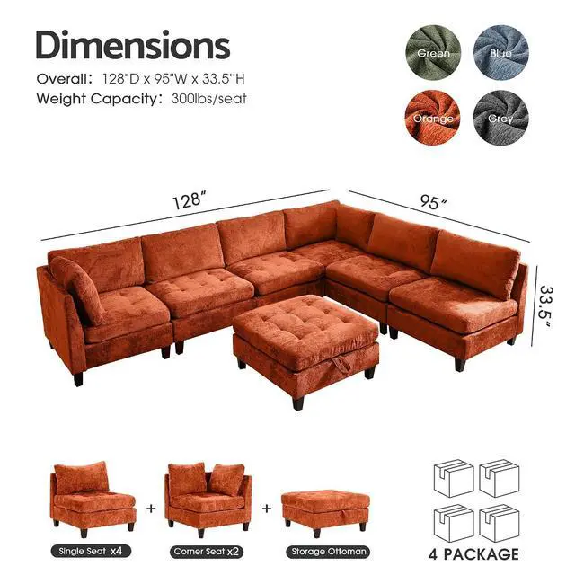 Alt view image 2 of 7 - Modular Sectional Sofa, Chenille Cloud Couch with Storage Ottoman | Sturdy Wood Frame, Reinforced Coil Springs, Deep Seat, Thick Cushions, Flexible Configurations, Removable Washable Covers