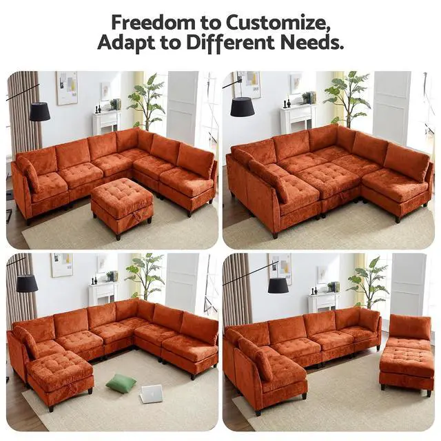 Alt view image 4 of 7 - Modular Sectional Sofa, Chenille Cloud Couch with Storage Ottoman | Sturdy Wood Frame, Reinforced Coil Springs, Deep Seat, Thick Cushions, Flexible Configurations, Removable Washable Covers