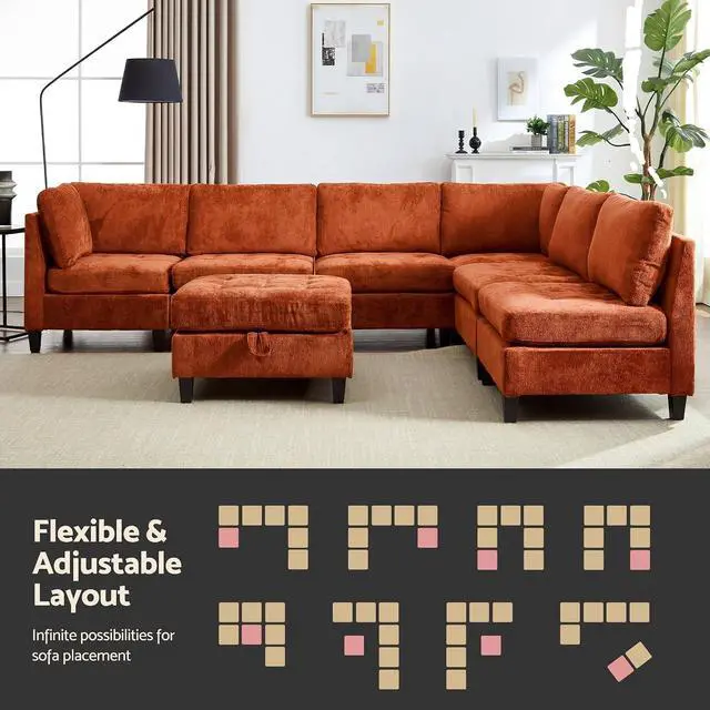 Alt view image 6 of 7 - Modular Sectional Sofa, Chenille Cloud Couch with Storage Ottoman | Sturdy Wood Frame, Reinforced Coil Springs, Deep Seat, Thick Cushions, Flexible Configurations, Removable Washable Covers