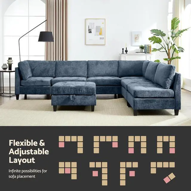 Alt view image 3 of 7 - Modular Sectional Sofa, Chenille Cloud Couch with Storage Ottoman | Sturdy Wood Frame, Reinforced Coil Springs, Deep Seat, Thick Cushions, Flexible Configurations, Removable Washable Covers