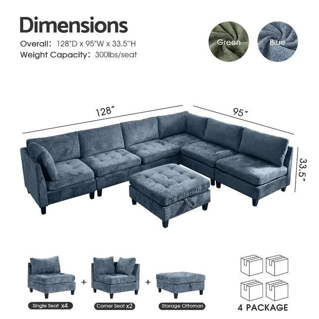 Alt view image 2 of 7 - Modular Sectional Sofa, Chenille Cloud Couch with Storage Ottoman | Sturdy Wood Frame, Reinforced Coil Springs, Deep Seat, Thick Cushions, Flexible Configurations, Removable Washable Covers