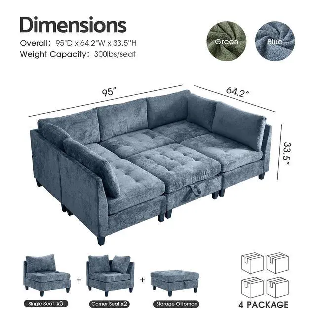 Alt view image 2 of 7 - Modular Sectional Sofa, Chenille Cloud Couch with Storage Ottoman | Sturdy Wood Frame, Reinforced Coil Springs, Deep Seat, Thick Cushions, Flexible Configurations, Removable Washable Covers