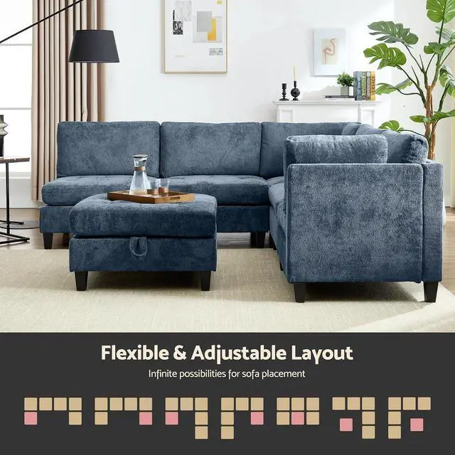 Alt view image 3 of 7 - Modular Sectional Sofa, Chenille Cloud Couch with Storage Ottoman | Sturdy Wood Frame, Reinforced Coil Springs, Deep Seat, Thick Cushions, Flexible Configurations, Removable Washable Covers