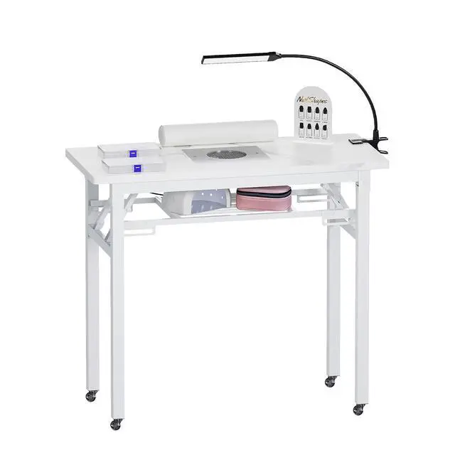 Alt view image 5 of 7 - Foldable Manicure Table with Dust Collector, Portable Nail Tech Desk with LED Lamp, Carrying Bag, Wheels and Wrist Rest for Home Salon Travel (Marble White)