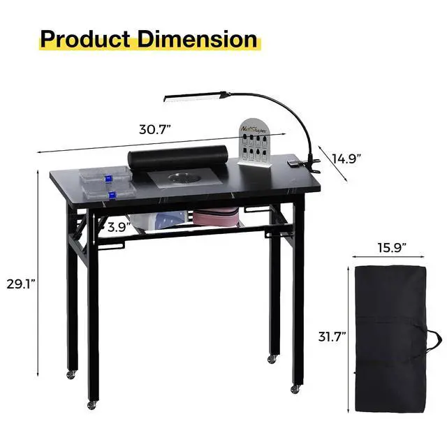 Alt view image 2 of 7 - Foldable Manicure Table with Dust Collector, Portable Nail Tech Desk with LED Lamp, Carrying Bag, Wheels and Wrist Rest for Home Salon Travel (Marble Black)