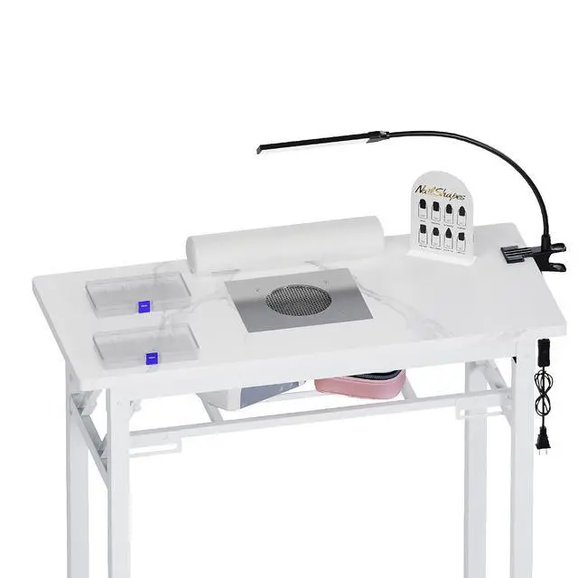 Alt view image 7 of 7 - Foldable Manicure Table with Dust Collector, Portable Nail Tech Desk with LED Lamp, Carrying Bag, Wheels and Wrist Rest for Home Salon Travel (Marble White)