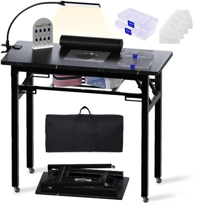 Main image of Foldable Manicure Table with Dust Collector, Portable Nail Tech Desk with LED Lamp, Carrying Bag, Wheels and Wrist Rest for Home Salon Travel (Marble Black)