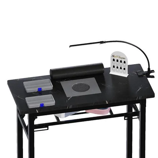 Alt view image 7 of 7 - Foldable Manicure Table with Dust Collector, Portable Nail Tech Desk with LED Lamp, Carrying Bag, Wheels and Wrist Rest for Home Salon Travel (Marble Black)
