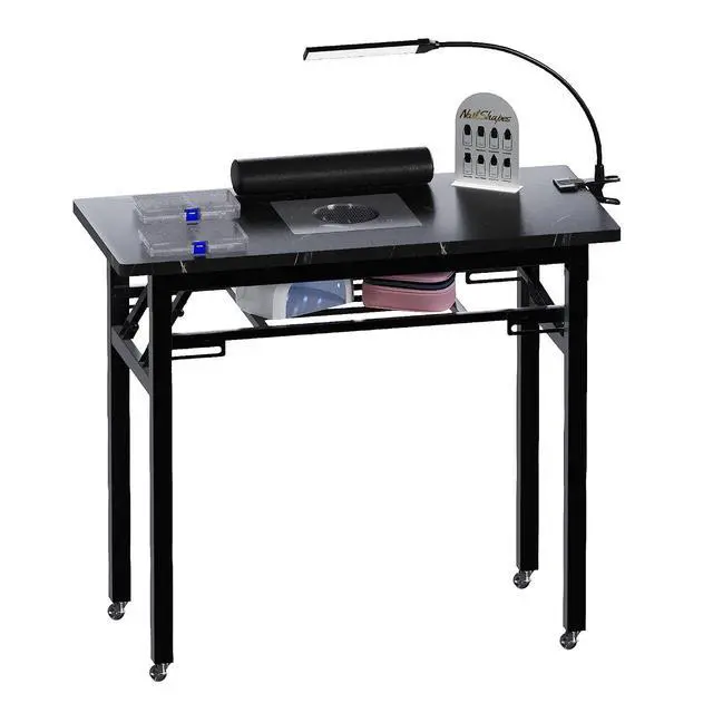 Alt view image 5 of 7 - Foldable Manicure Table with Dust Collector, Portable Nail Tech Desk with LED Lamp, Carrying Bag, Wheels and Wrist Rest for Home Salon Travel (Marble Black)